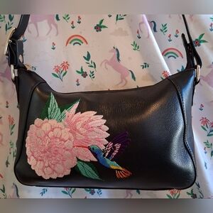 EUC Anuschka Black Leather Handmade Hummingbird Floral Casual Purse Bag